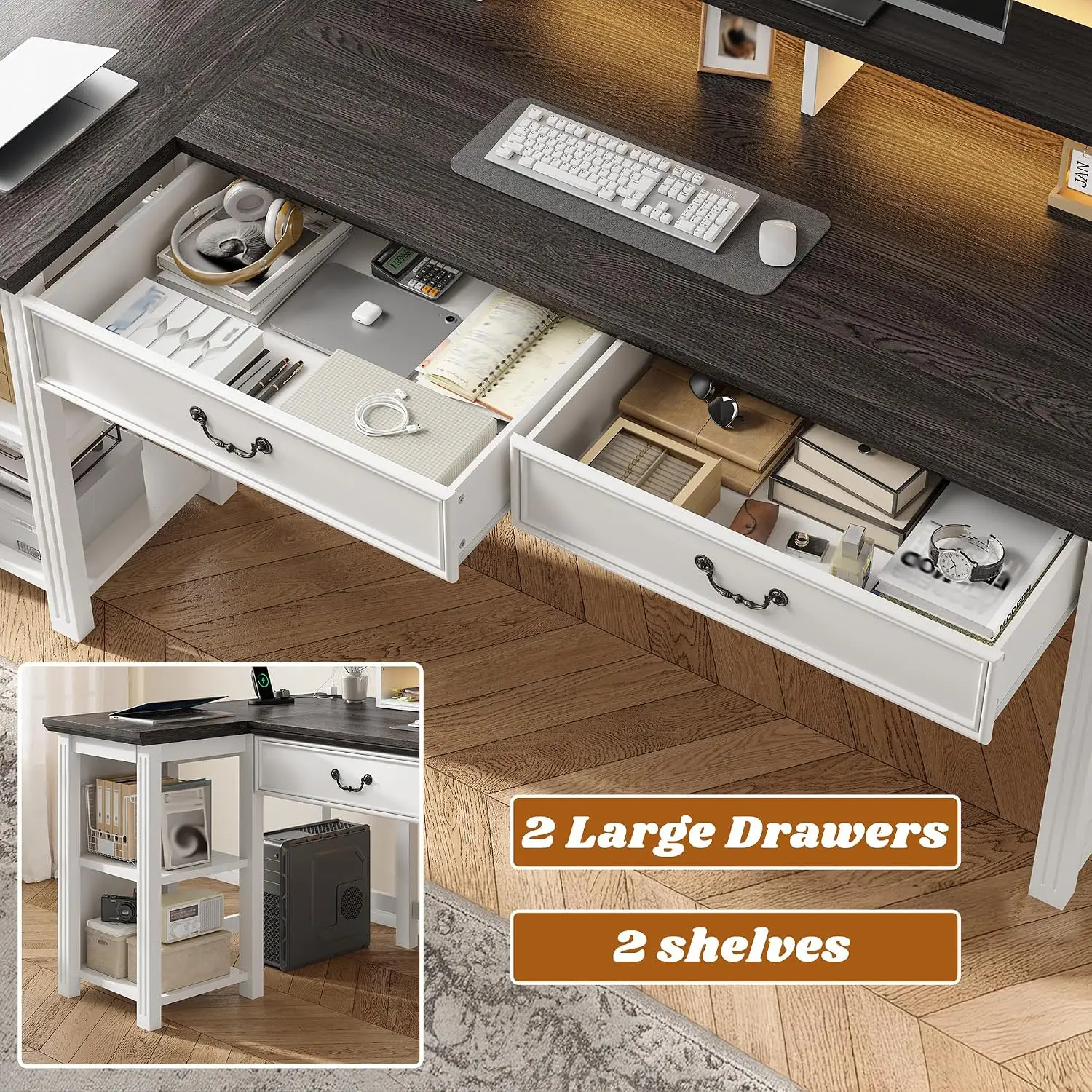 L Shaped Computer Desk with Drawers & Monitor Stand, Home Office Corner Workstation Gaming Table, Customized