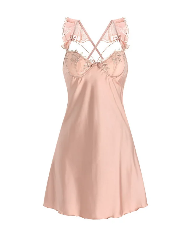 Surface Chest Satin Cushion Sweet Flying Sleeves Deep V-shaped Seductive Simple Backless Loose Middle Length Dress Elegant YKTB