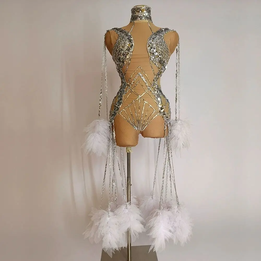 

Stage Performance Clothes Mesh Transparent Rhinestone Fringed Tube Top Dress Kick Keys Vestidos Brillantes Abito Velluto E Piume