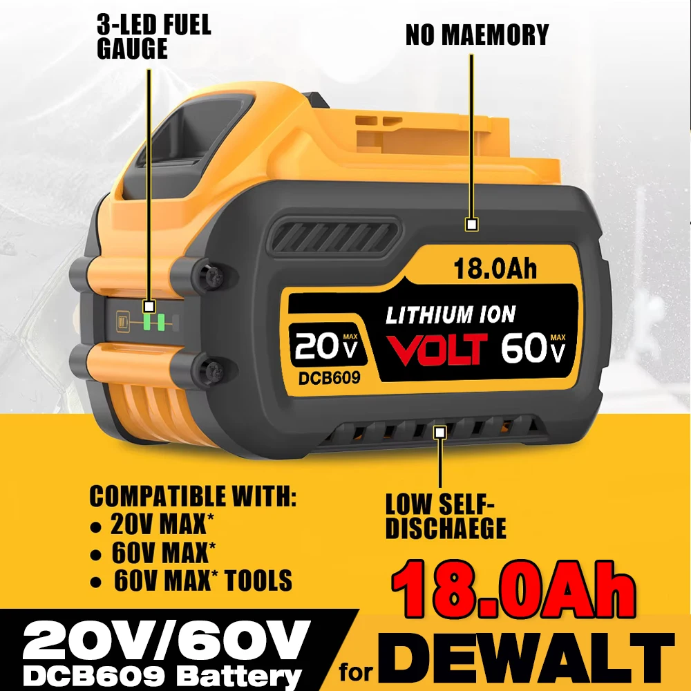 2025 original For DEWALT 18000mAh DCB609 18V 20V 60V lithium-ion battery for Dewalt DCB206 DCB205 DCB204 DCB609 DCB184 DCB200