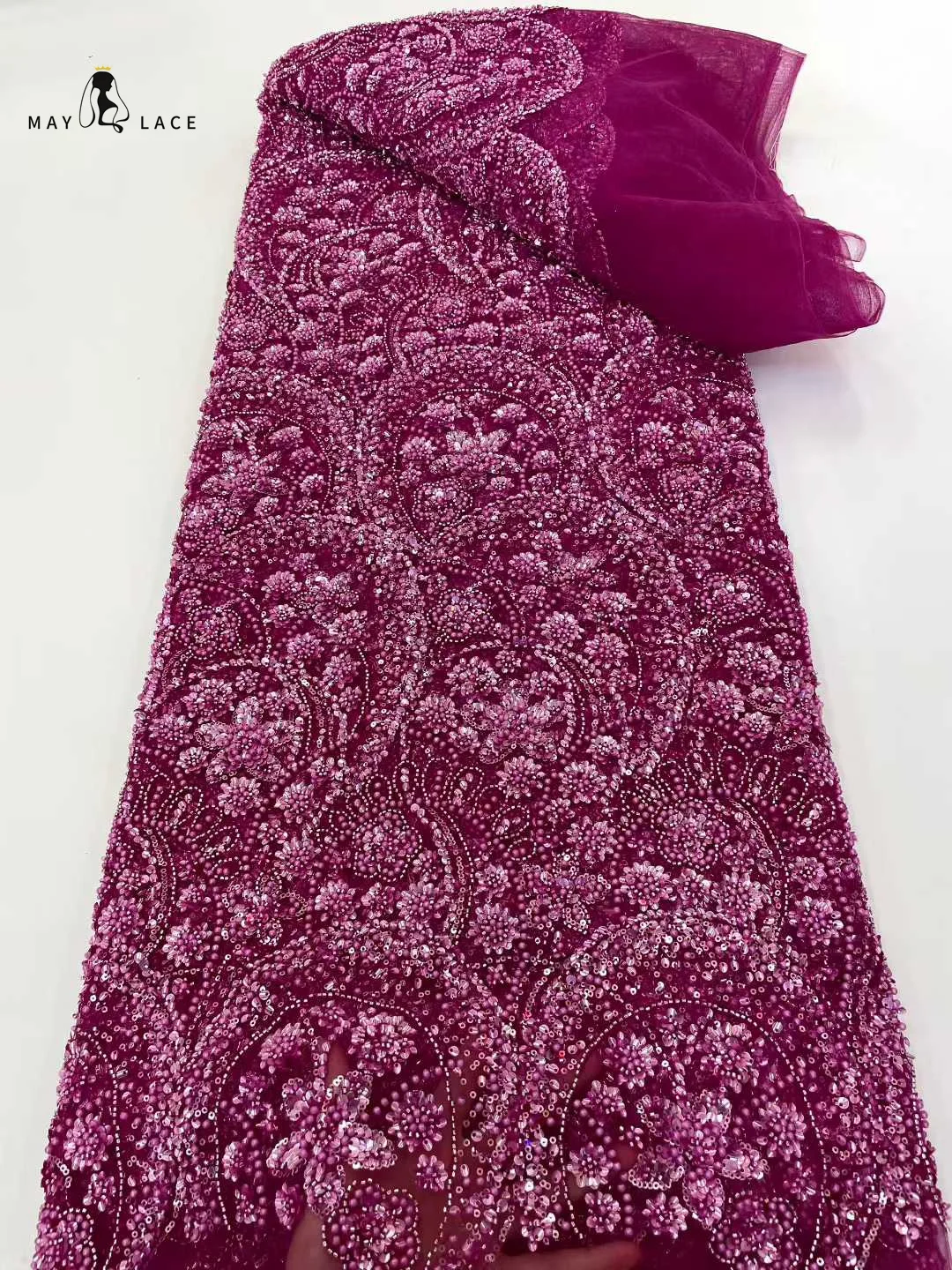 

African Beaded Lace French Fabric 5 Yards 2025 Sequins Hand Beaded Lace Fabric High Quality 2025 Nigerian Luxury Party Dresses