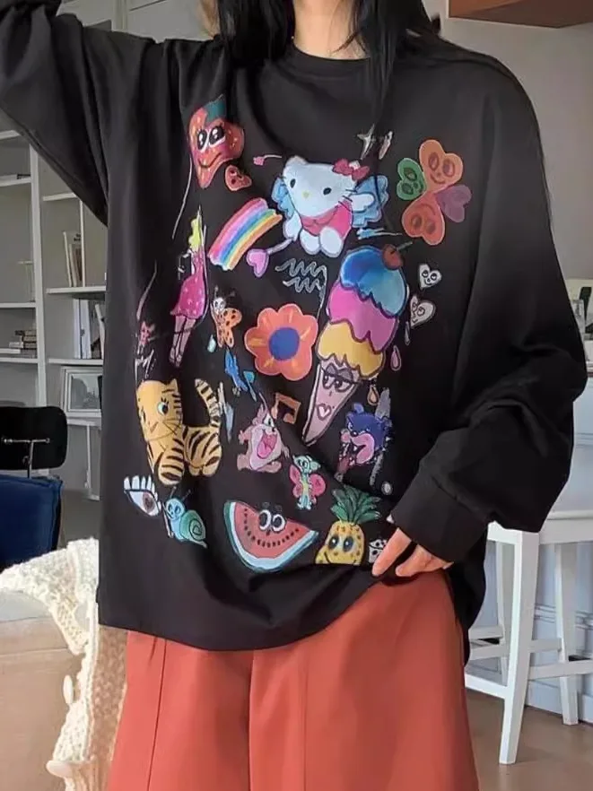 Zestaw Ins fiti Anti-Aging Print Casual Versatile Loose Pure Cotton round Ne Autumn Winter Base Long Sve Women's T-irt