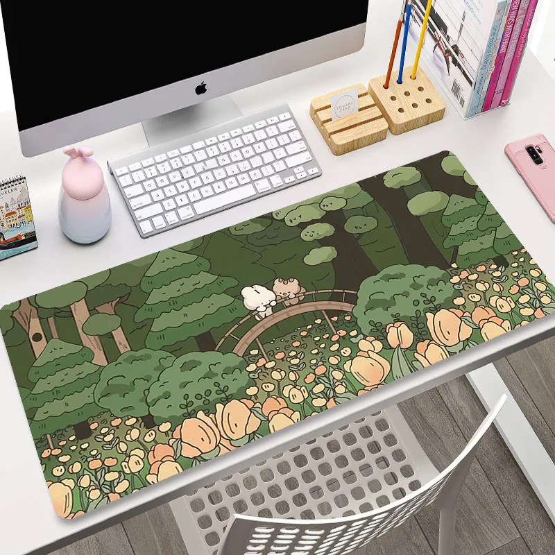 Large Mouse Pad Green Cute Flower Mouse pads Kawaii Cat Rabbit Cartoon Laptop Keyboard Table Mat Deskpad PC XXL Mousepad 100x50