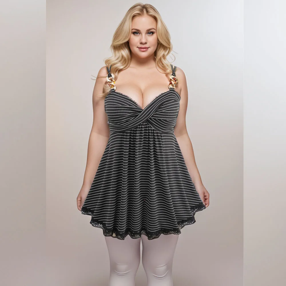 ROSEGAL Plus Size w paski bez pleców Top na ramiączkach z czarną koronką z nadrukiem