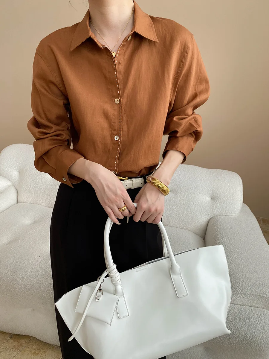 

Свободная и утягивающая французская рубашка с воротником и длинными рукавами для поездок на работу