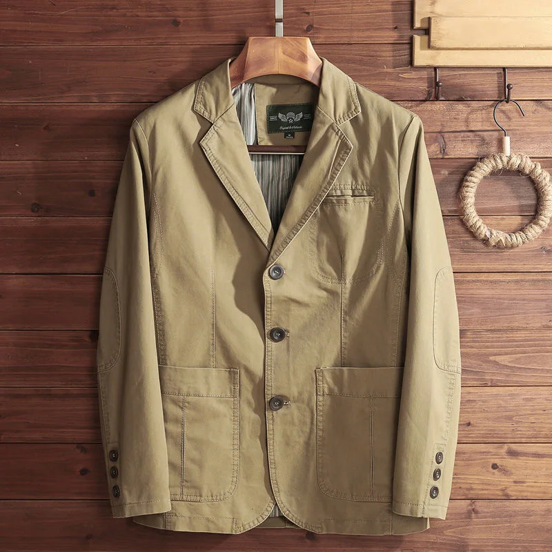 KIDWHXR Man Blazer Spring Vintage Single-breasted Pocket Male Outerwear Turn Down Collar Long Sleeve Loose Casual Men Suit Coat