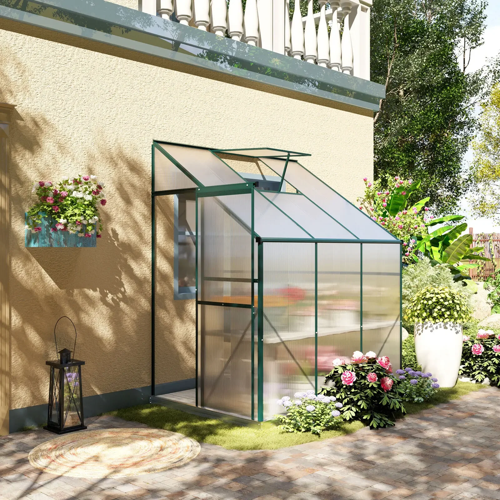 FOR 6' x 4' x 7'Aluminum Greenhouse, Polystyrene Walk-in Garden Greenhouse with 2 Adjustable Roof Vents and 3 Doors, Clear