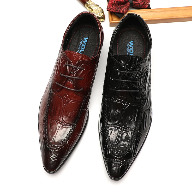 

Crocodile Pattern Shoes For Men Formal Genuine Leather Elegant Shoes Dress Man Black Burgundy Lace Up Wedding Pointy oxford Shoe