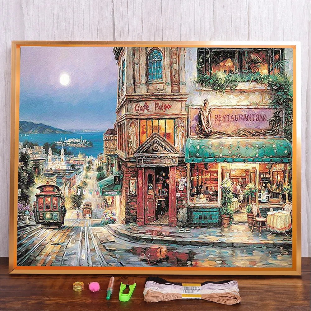 Night City Building DIY Embroidery Kit Landscape Pattern For Beginner Cross Stitch Set Needlework Handmade Sewing Art Craft Kit