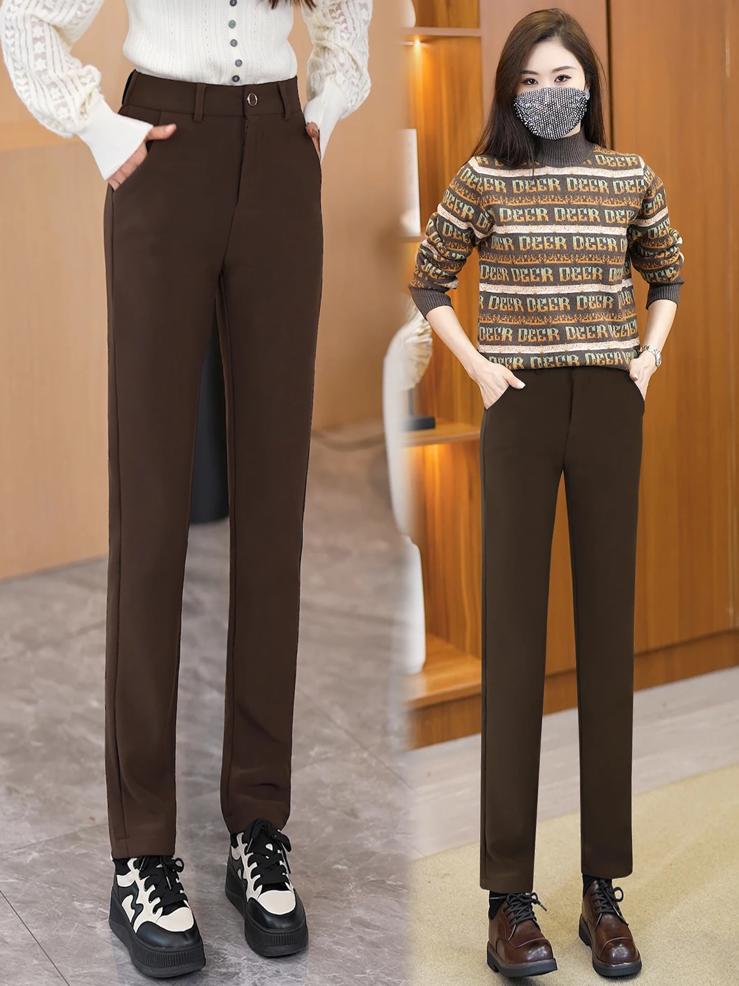

Casual High Waist Thickened Fleece Straight Leg Suit Pants Women's Autumn Winter New Style Slimming Smoke Tube Pants