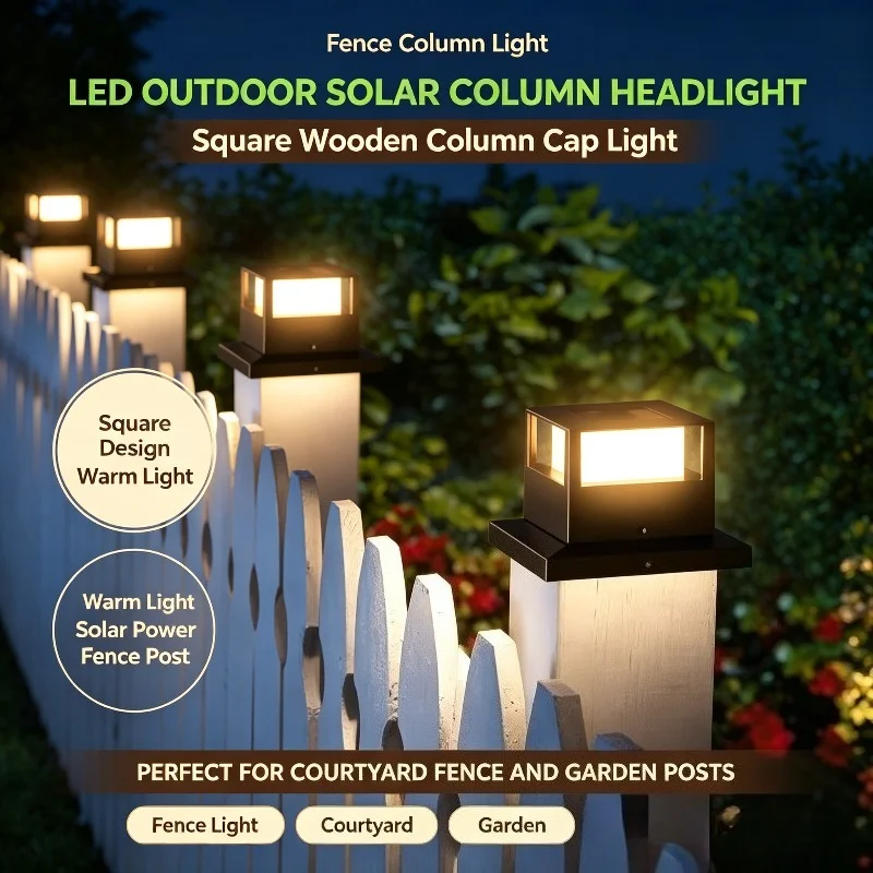 LED Outdoor Solar Column Headlights Square Wooden Column Headlights Column Cap Lights Household Courtyard Lights Fence Lights