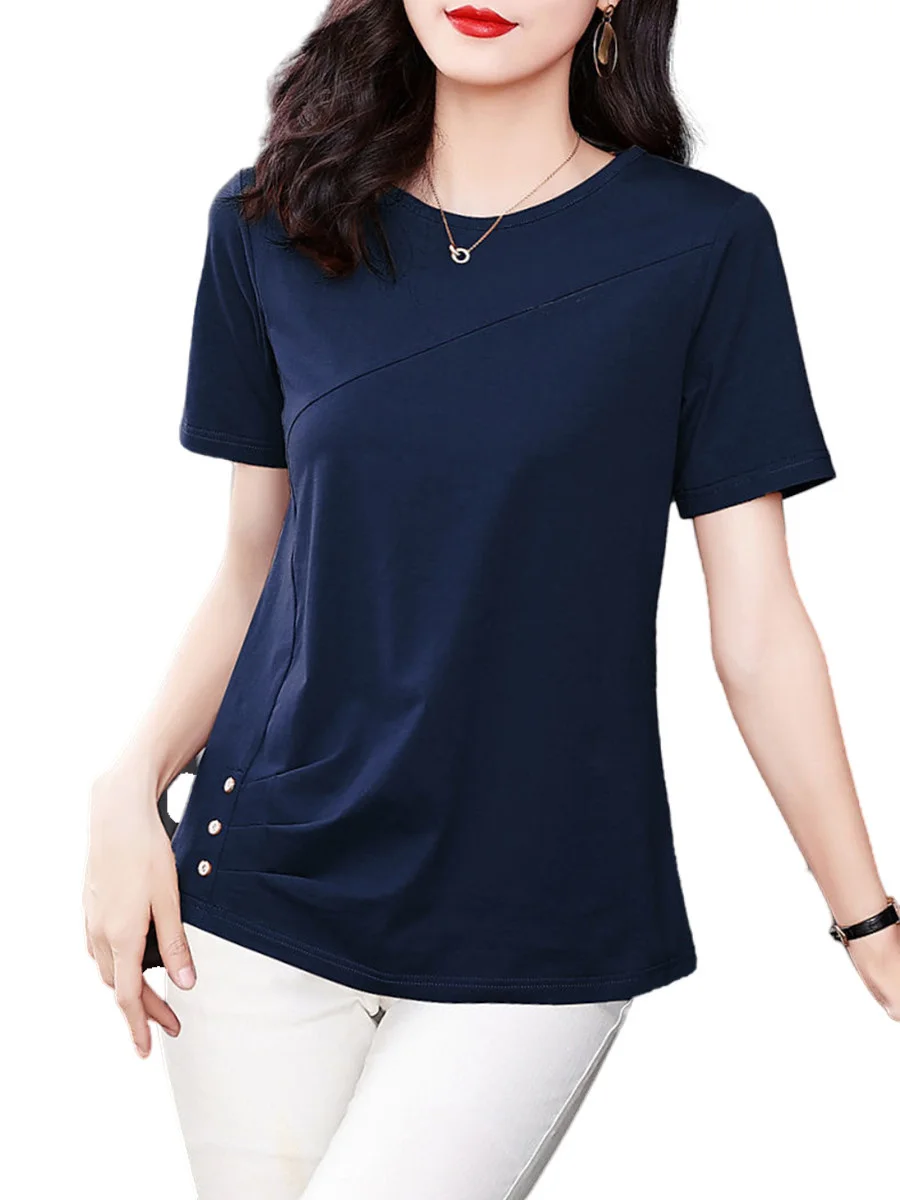 5XL kobiety lato wiosna bawełniane bluzki koszule Lady Fashion Casual z krótkim rękawem O-Neck jednokolorowy T-shirt Blusas topy MM2069