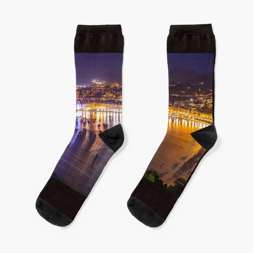 Panorama of Donostia San Sebastian at night Basque Country Socks colored golf japanese fashion Socks Women's Men's