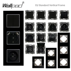 Vertical EU FR TypeC A Usb Wall Socket 1-3 Frame Black Glass Panel Push Switch Data RJ45 Satellite TV DIY Module Round Box
