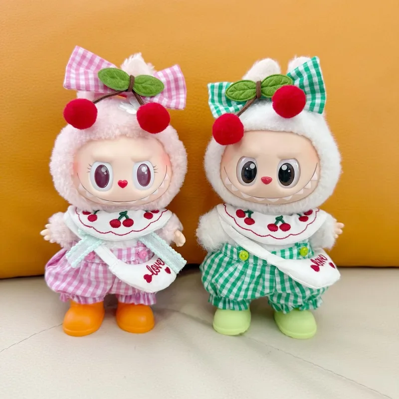 Traje de cereza para Ropa Labubu 3,0 de 17cm, Ropa de la serie Big Into Energy, mono a cuadros, conjunto de pajarita, Ropa Labub