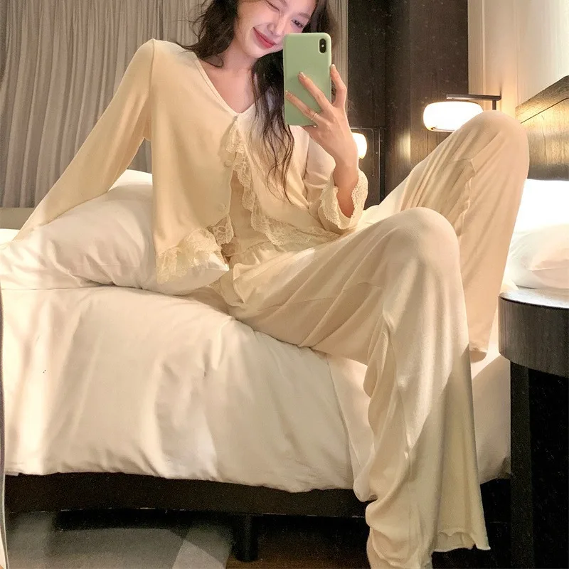 Retro Court Style Sleepwear Modal Pajamas Suit Female Elegant Ruffled Lace Sling Top Pant and Cardigan 3Pcs Nightwear Loungewear