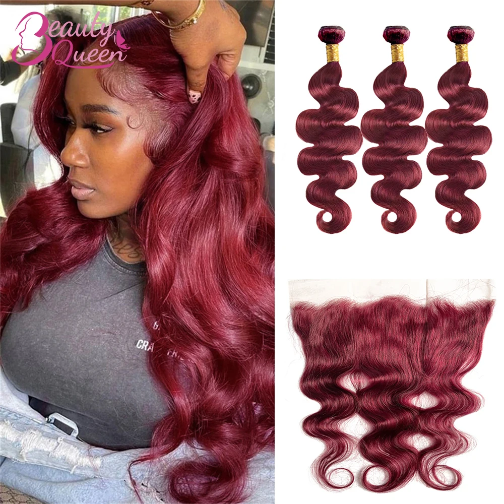 Burgundy Body Wave Bundles With Frontal 13x4 Lace 100% Human Hair Extension Bundles With Closure Colored 99J Human Hair Tissage