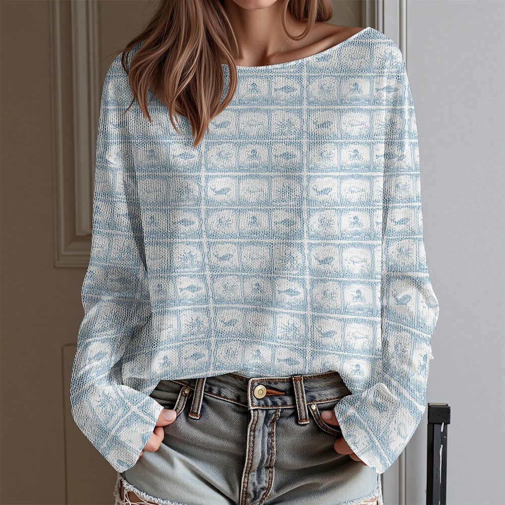 Wiosenna moda damska, koszulka z pastelowymi kwiatami, długi rękaw, akwarelowy wzór, top z motywem dmuchawca i stokrotki. ​   Bluzka w stylu boho w kolorze niebieskim do noszenia na co dzień ​