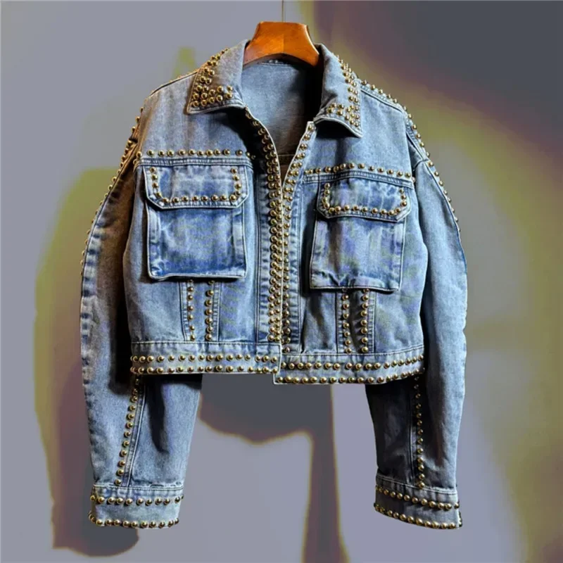Autumn Women New Heavy Work Rivet Blue Short Denim Cardigan Jacket Loose Big Pocket Lapel Long Sleeve Female Jeans Jacket Coat - Image 3