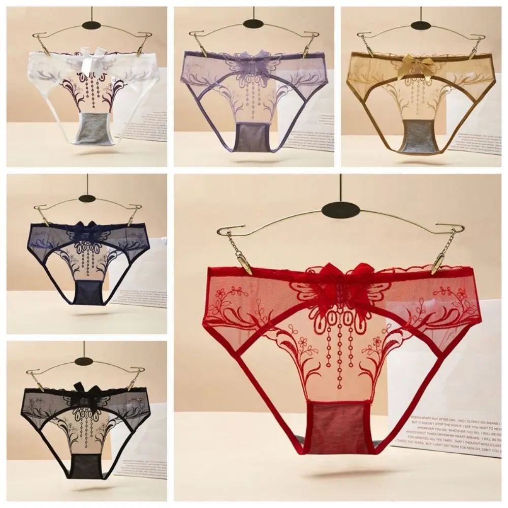 Low Waist Bowknot Lace Hollow Briefs Thin Leaf Flower Mesh Transparent Panties Simple Underwear Butterfly Embroidery Mesh Thong