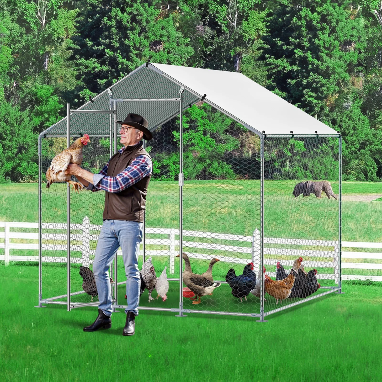 

Metal Chicken Coop 6.56x6.56x6.56ft Walk-in Chicken Run with Cover Spire Roof