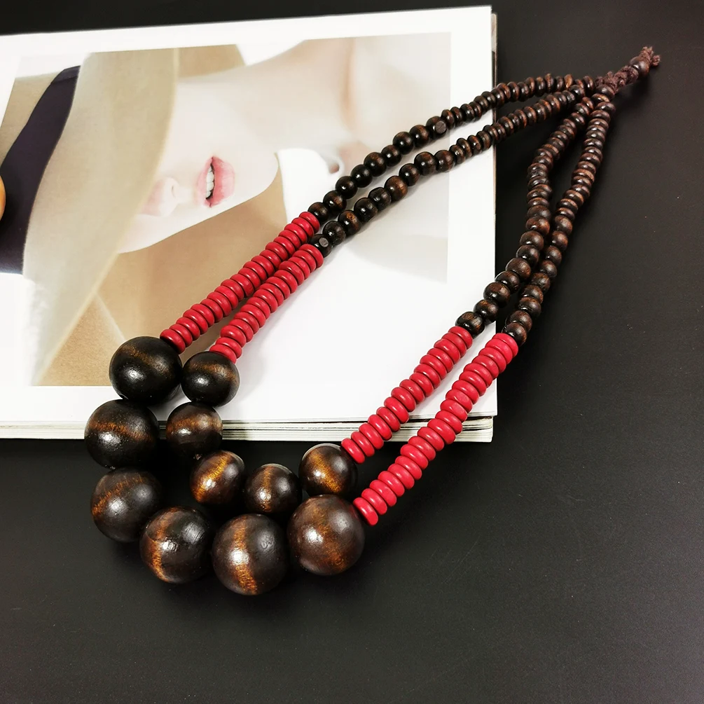 Bohemian Two-Layer Beaded Necklaces Brown mix Red Big Wood Beads Collar Choker Necklace For Women New Statement Jewelry UKEN