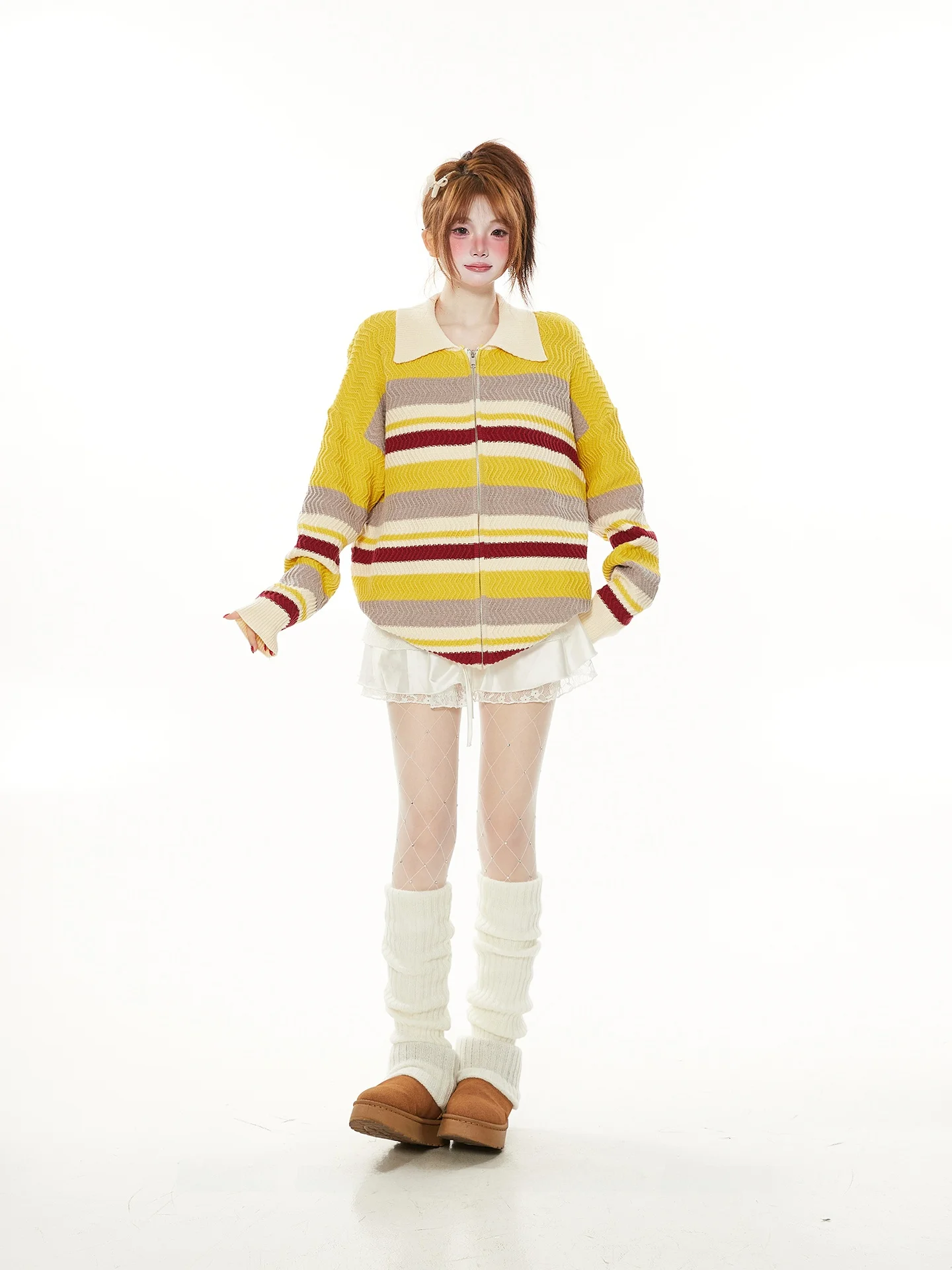 

Весенне-осенний желтый полосатый вязаный свитер-пальто с воротником, женский, свободного кроя, на молнии, повседневный, стильная верхняя одежда