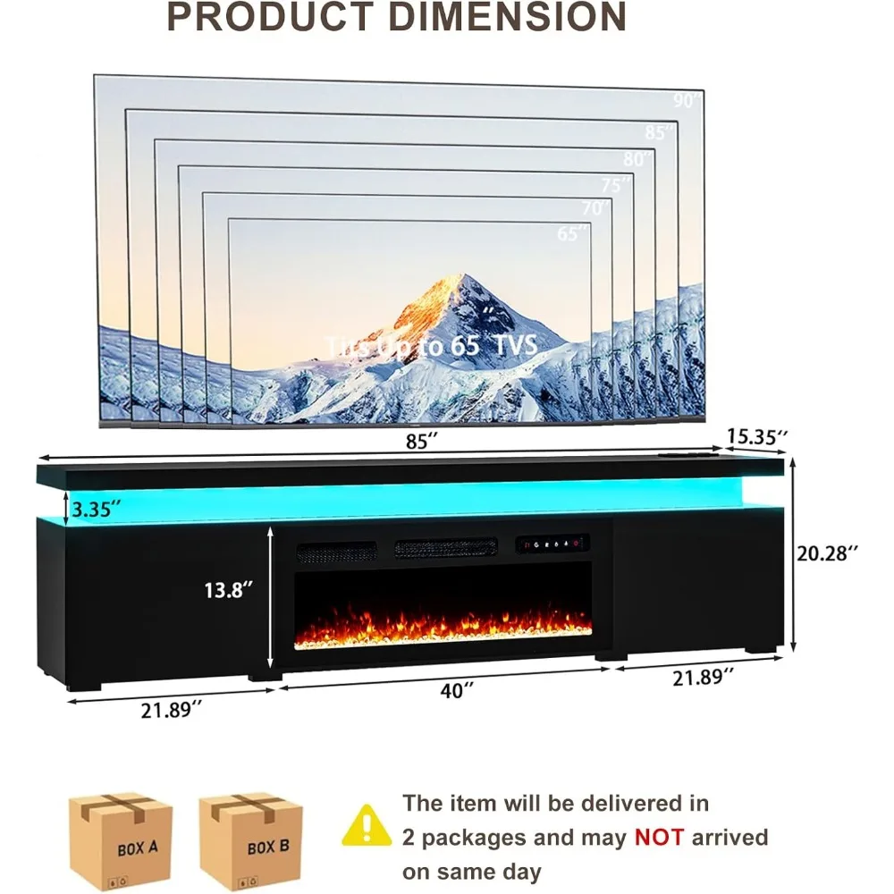 85’’ Fireplace TV Stand for 90 Inch TVs, Modern Entertainment Centers with LED Lights, High Gloss TV Console with 40’’ Electric image 5