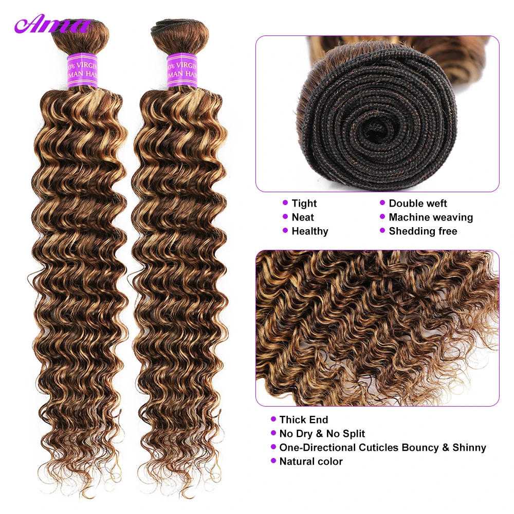 Highlight Deep Wave Bundles 30 32 Inch Honey Blonde Colored Human Hair Bundles Brazilian Hair Weave Bundles 1 3 4 Bundles Deal