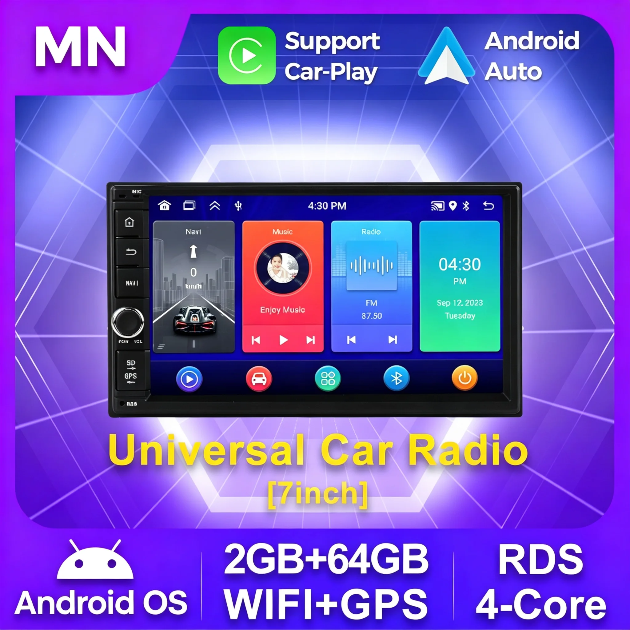 2 Din 7 Inch Universal Android OS Car Radio 4Core 2GB+64GB Wireless CarPlay WIFI GPS SWC RDS BT Car Multimedia Player Stereo