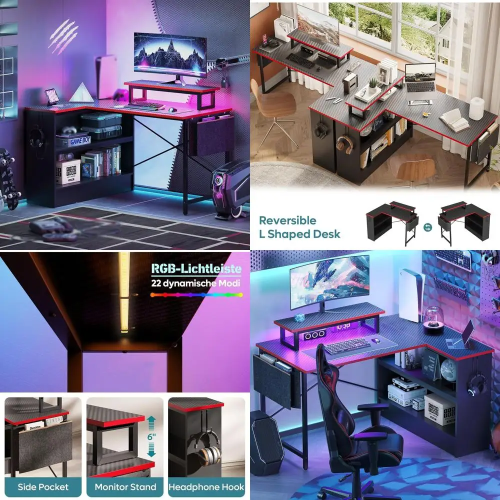 

Игровой стол L-образной формы с LED-подсветкой, 42 дюйма, с местом для хранения и подставкой для монитора, для ПК и использования в спальне