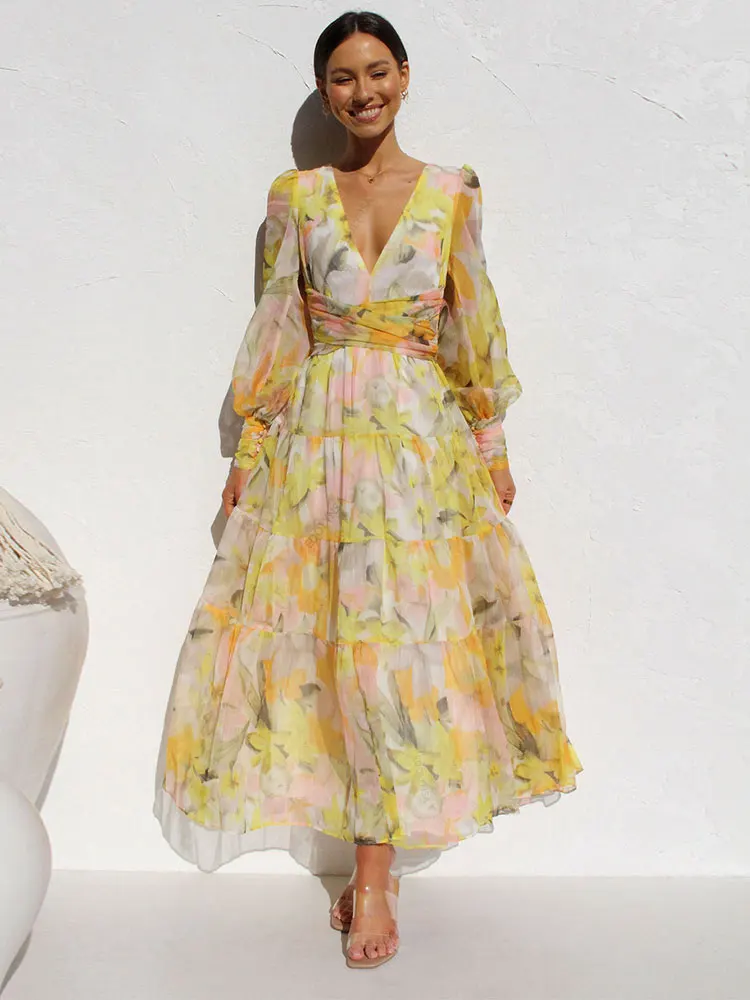 Bohemian Printe Sexy V-neck Lantern sleeve Dress Tunic 2023 Autumn Winter Clothes Women Beach Casual Maxi Dresses Vestidos A2142