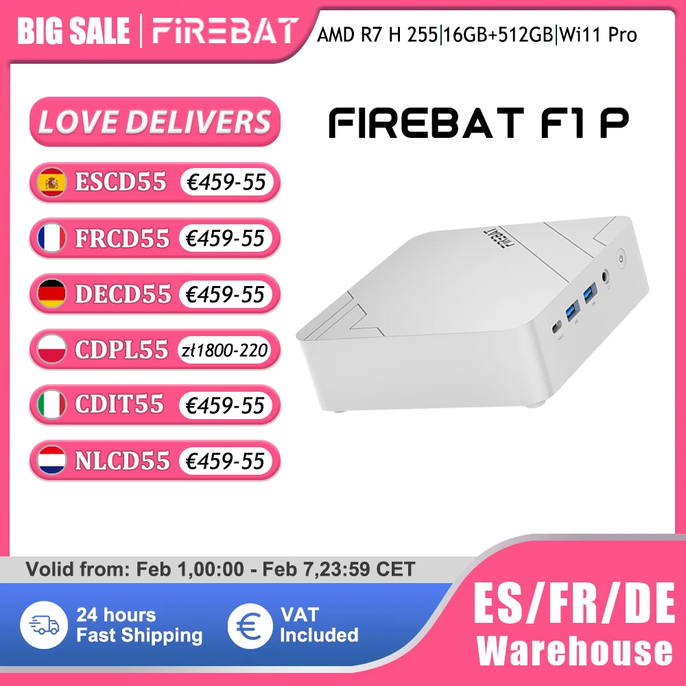 Firebat F1 P Mini PC AMD Ryzen 7 H 255 16GB DDR5 5600MHz 512GB SSD Win11 Pro Wi-Fi 6 BT5.2 USB4.0 Gaming Desktop Mini Komputer