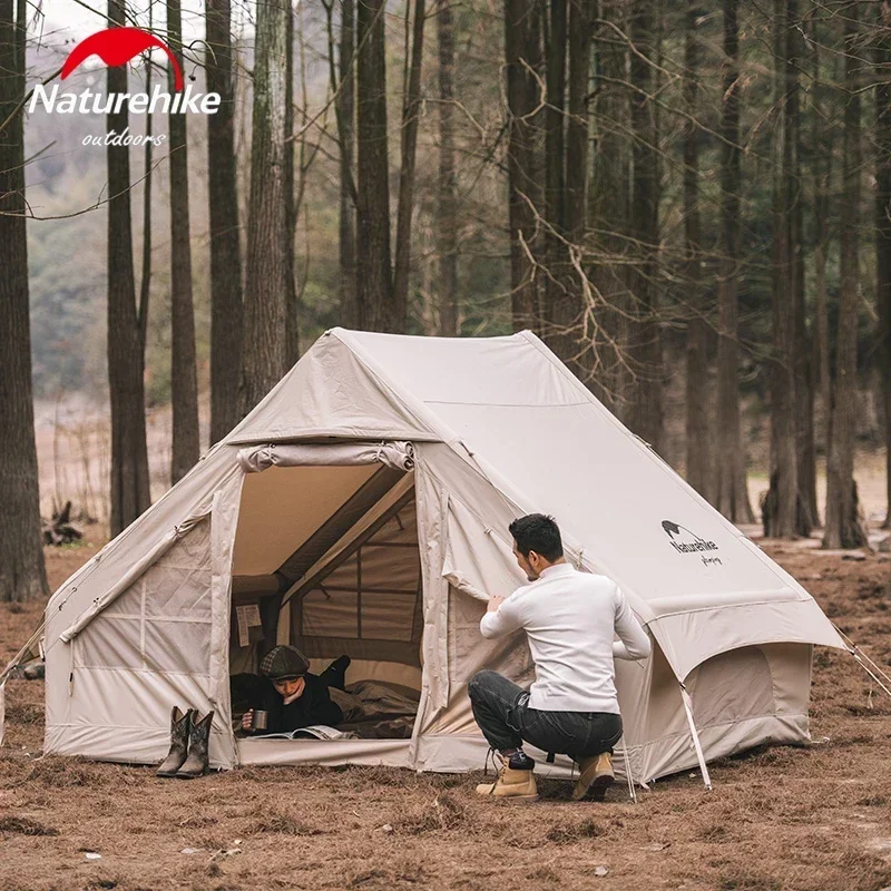 Naturehike air 6.3 barraca inflável de acampamento 2-4 pessoas grande espaço barraca de cabine de algodão família barraca de caminhada ao ar livre com bomba de ar