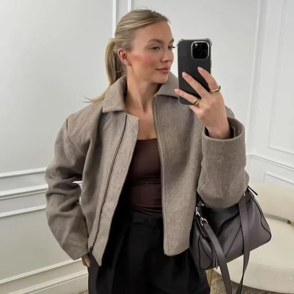 

Women's Soft Tweed Jacket Coat Top European American Fashion Lapel Waist Pleated Zipper Spring Autumn New