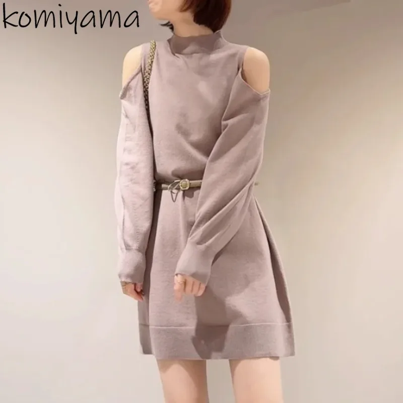 

Платье с открытыми плечами и длинными рукавами, туника с поясом, Vestidos, платья с полувысоким воротником, трикотажное мини-платье, новинка Японии, свободное Ropa Mujer