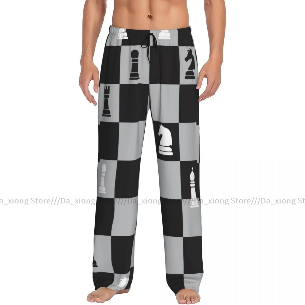 Mens Casual Pajama Long Pant Loose Elastic Waistband Chess Icons Cozy Sleepwear Home Lounge Pants