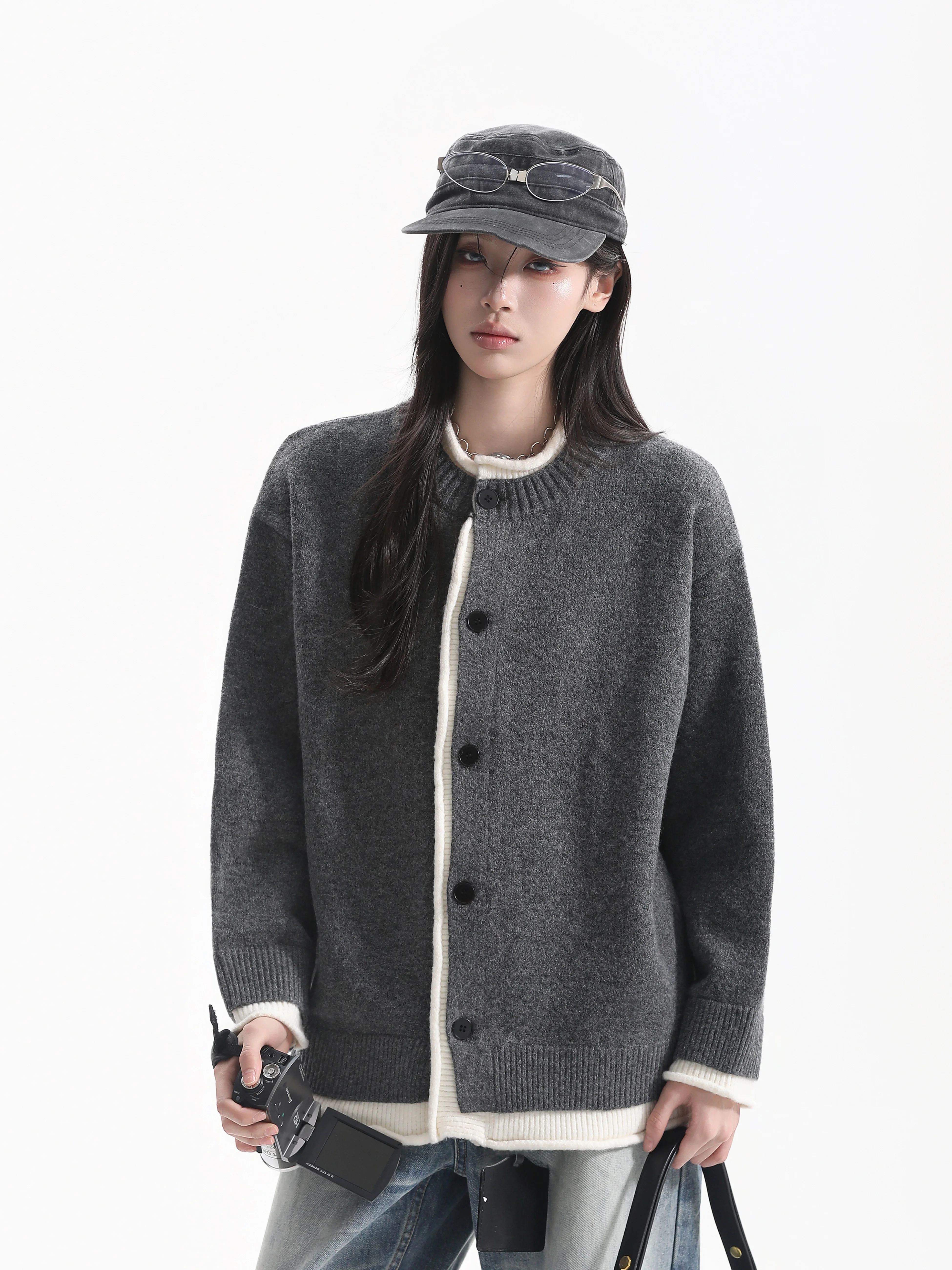Ladies Loose Fit round Neck Knitted Cardigan Korean Style Lazy Splice Casual Early Autumn Fashion Polyester Blend Warmth Clot...