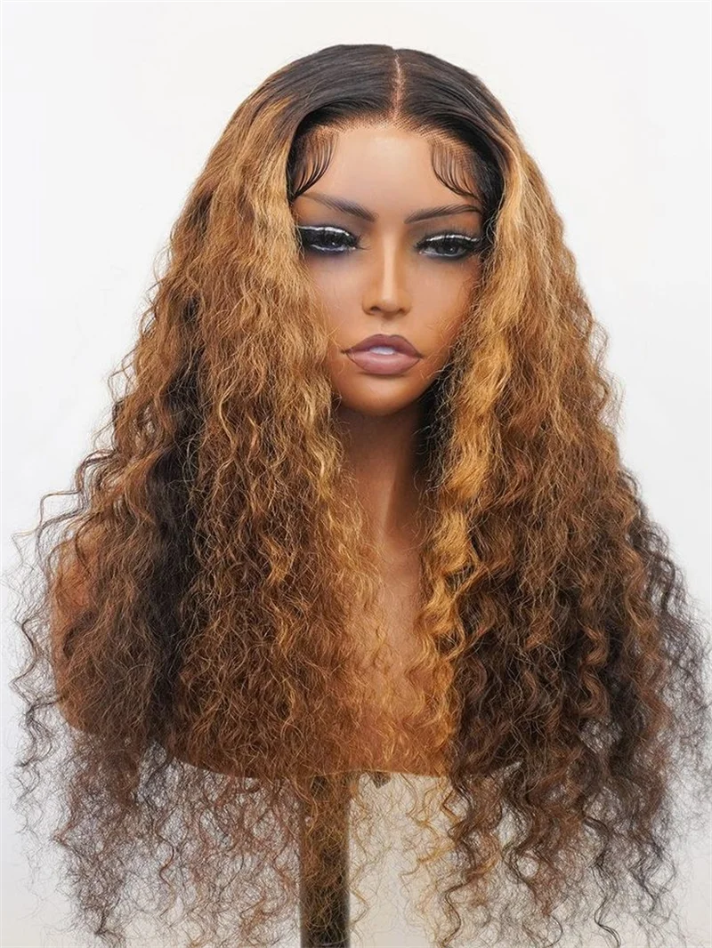 Perruque Lace Front Wig bouclée crépue sans colle, cheveux longs, doux, ombré, brun, blond, pre-plucked, densité 180, pour femmes noires, cheveux de bébé 03/24