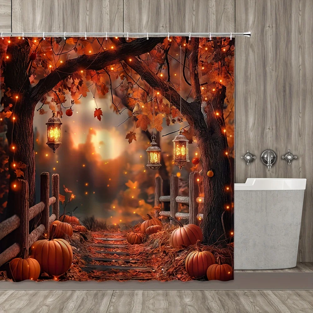 

[Занавеска для ванны в деревенском стиле] Осенняя занавеска для ванны в деревенском стиле в деревенском стиле с тыквой и кленовым листом | 100% полиэстер, который можно стирать в машине душа