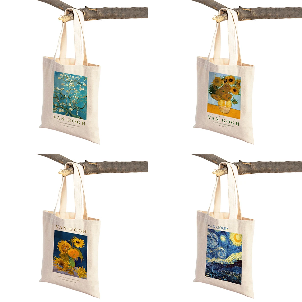 Van Gogh Almond Blossom Iris Starry Night Lady Shopping Bag Double Print Geometric Eco Women Shopper Bags Casual Tote Handbags