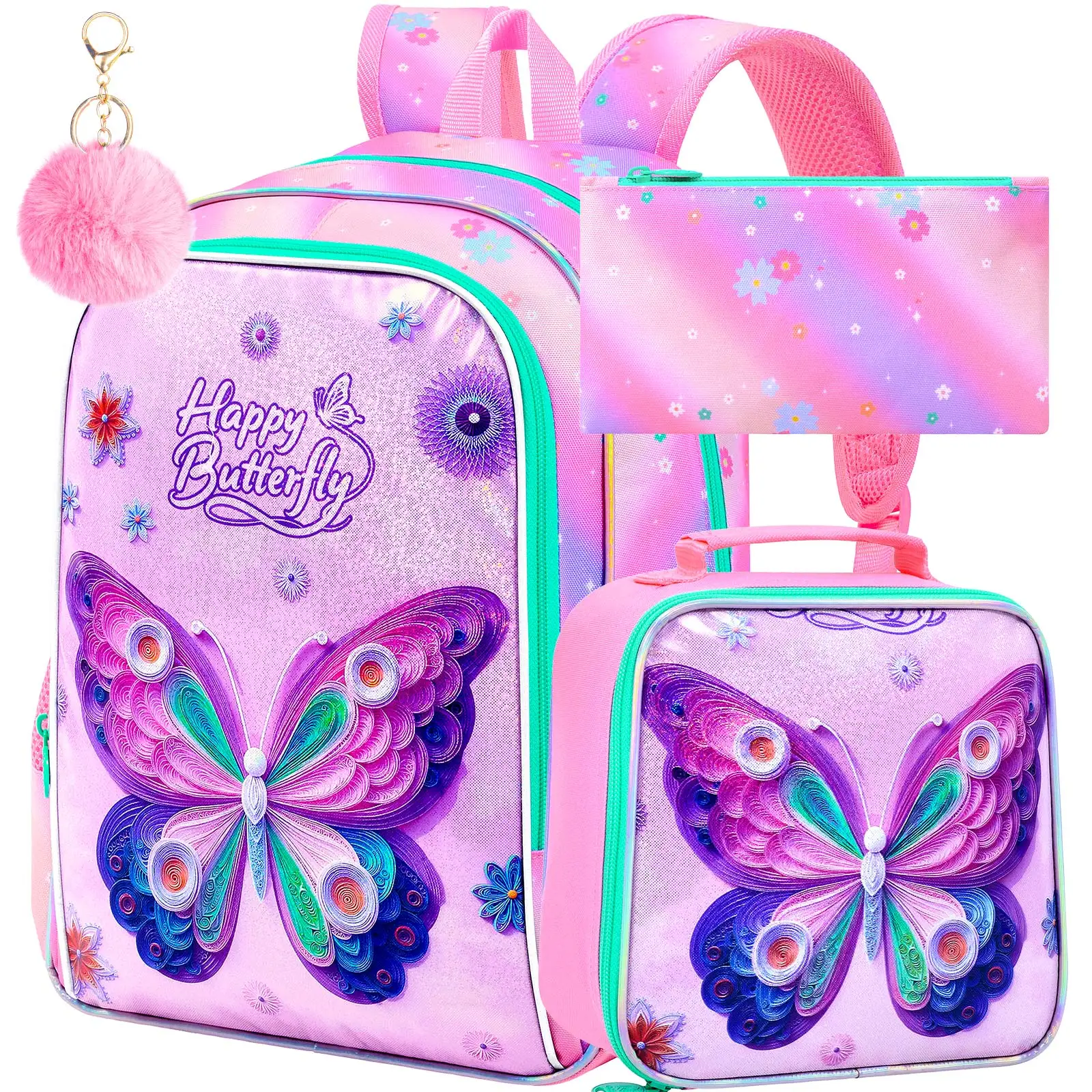 3個入りバタフライバックパック、16インチ子供用女の子用ブックバッグ、ランチボックス付き、幼稚園・保育園用防水小学校バッグ