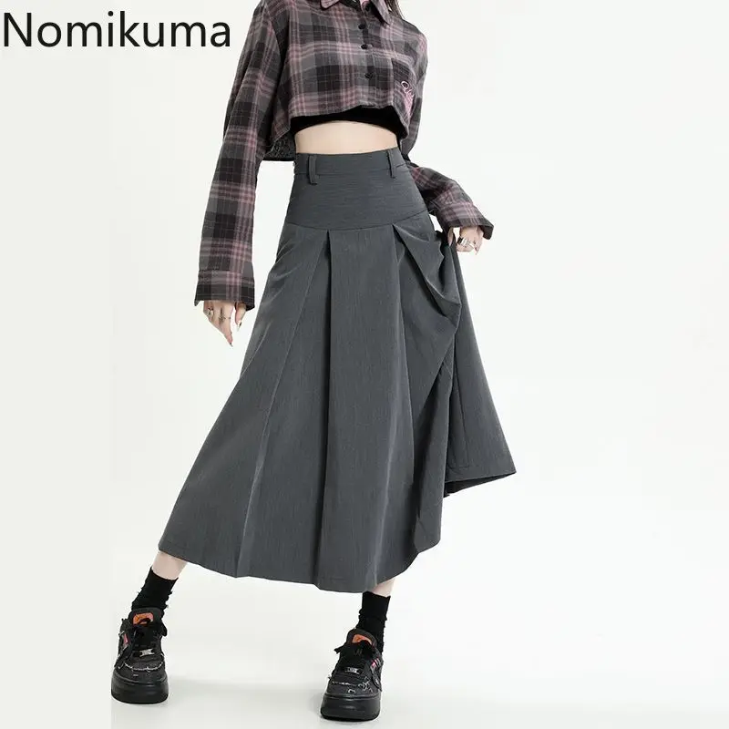 

Gray Korean Skirt Women Clothing 2024 Faldas Mujer De Moda High Waist A-line Jupe Vintage Saia Temperament Pleated Long Skirts