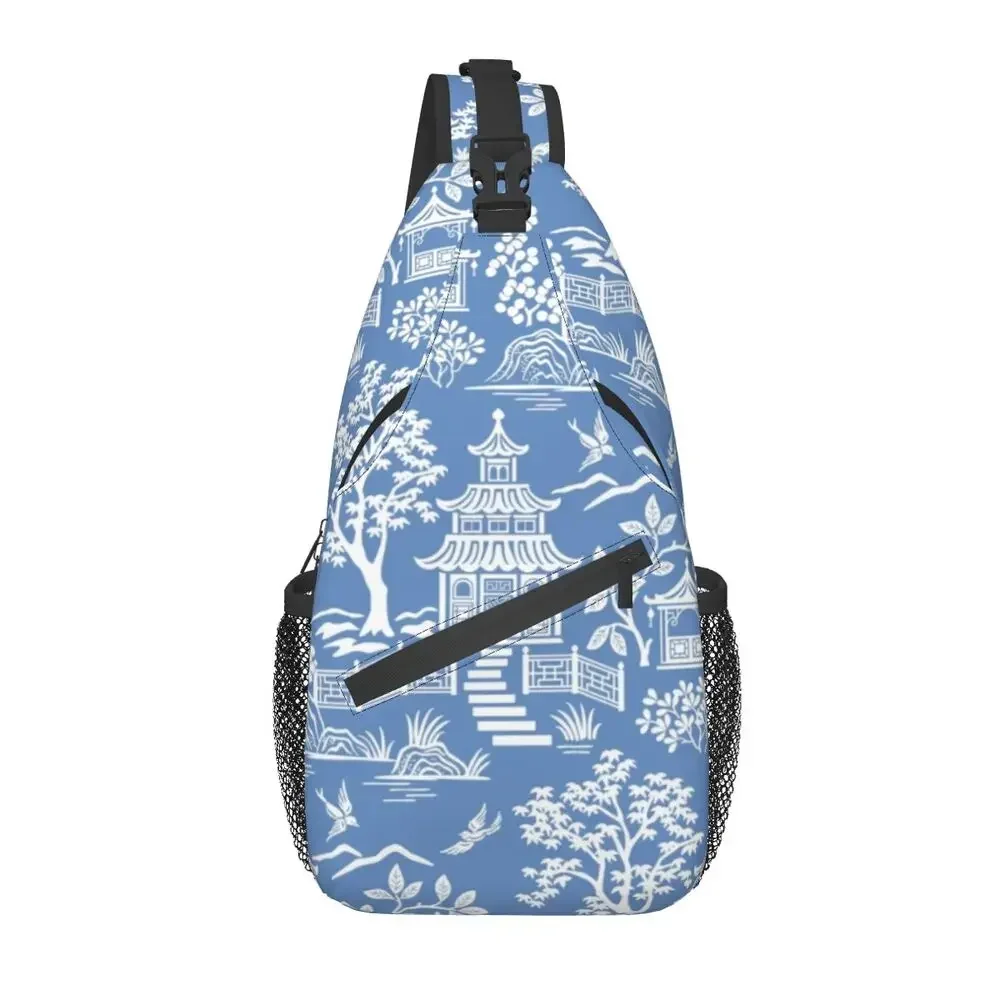 Chinoiserie Pagode Ancien Blue Delft Wilg Sling Tassen Voor Fietsen Camping Mannen Oosterse Stijl Crossbody Borst Rugzak Dagrugzak