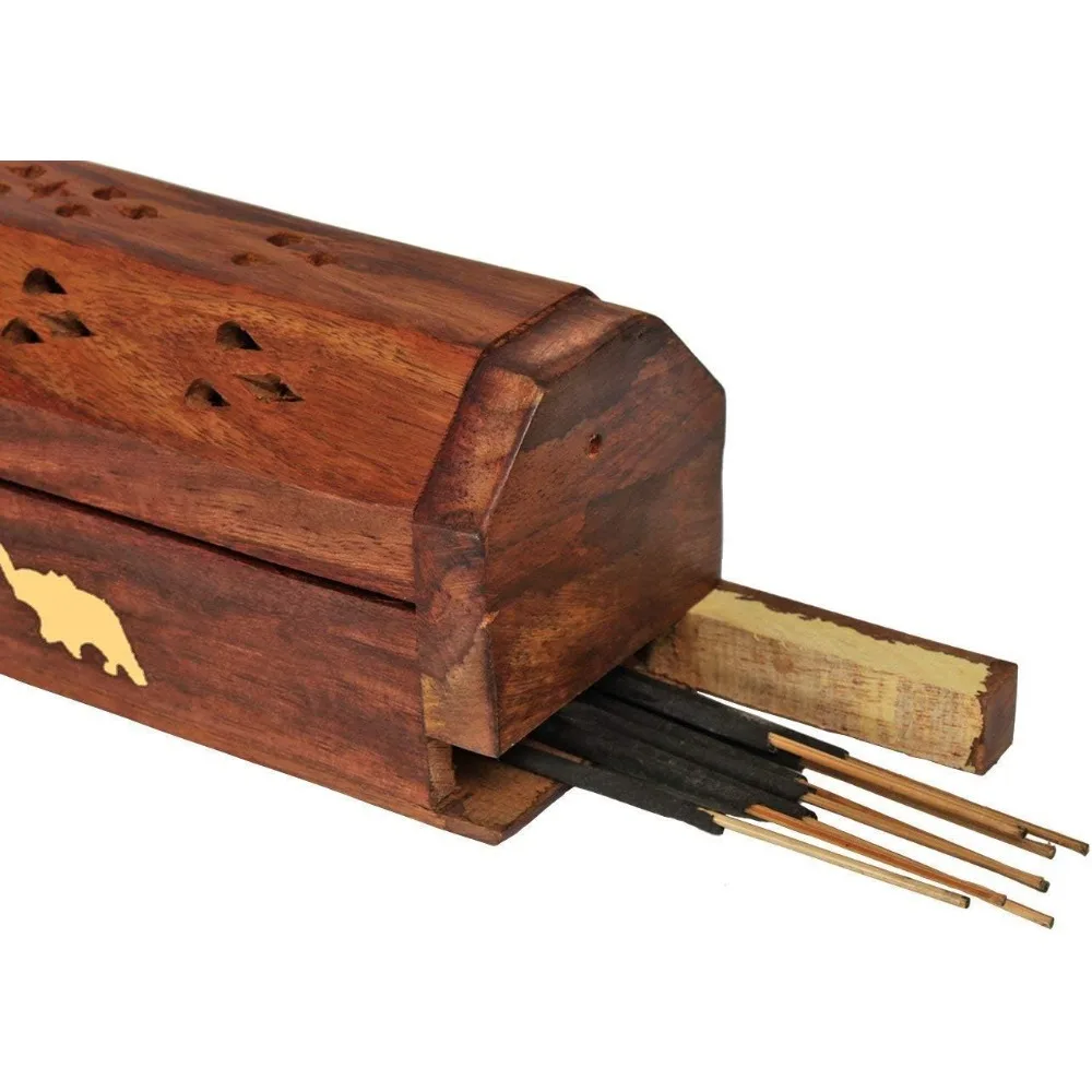 

Incense Stick Holder Storage Box, Ash Catcher with Brass Inlay, Home Utilities & Accessories, Wooden Storage Box