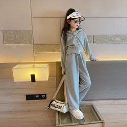 2026 autumn winter Girl grey Teens tracksuit zipper crop top Jacket hooded top and bottom wide leg pant child set 4 8 10 12 year