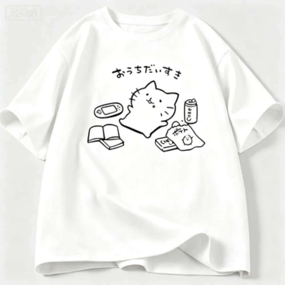 Japanese Style No Plan Cat Print T-shirt for Men Women Funny Cotton Short Sleeve Summer Loose Tshirt Kawaii Kitty Cat Lover Tees