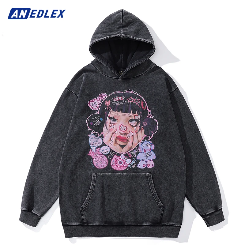 Men Autumn Winter Vintage Hoodie Japanese Anime Girl Graphic Print Pullover Hip Hop Streetwear Harajuku Cotton Hooded Sweatshirt