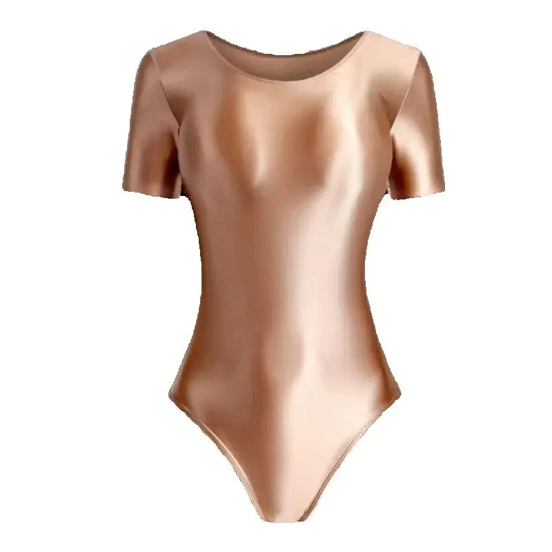 KNEW DROOM strakke glanzende zijdeachtige badpak uit één stuk dames effen kleur korte mouwen yoga jumpsuit fitness body pak dans pak