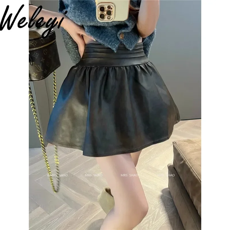 

Fashion Woman Leather Short Skirt Autumn and Winter New Trendy Women's Retro Solid Color High-waisted A-shaped Short PU Skirts